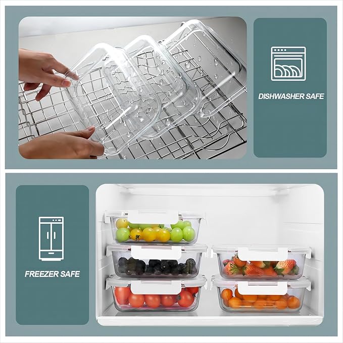 30 oz 5 Pack Glass Meal Prep Containers 2 Compartments, Glass Food Storage Containers with Lids, Airtight Glass Lunch Box, Microwave, Oven and Freezer Safe, White
