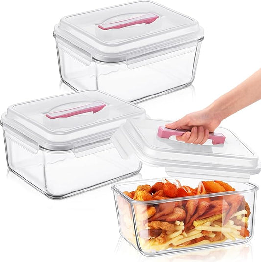 2 Pcs 6500 ML/ 220 oz/ 28 Cup Large Glass Food Storage Containers with Airtight Locking Lid Ideal Storing Food Vegetables Fruits Baking Casserole Lasagna Roasting Turkey, Transparent