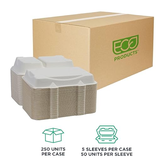 ECO PRODUCTS Compostable Vanguard 9"x6" Clamshell To Go Containers, Case of 250, 2 Compartment, Take Out Food Box, White Renewable Molded Fiber, No-Added PFAS, ASTM Compliant, BPI-Certified