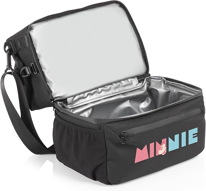 PICNIC TIME Disney Minnie Mouse Tarana Lunch Bag Cooler with Utensils Made from Recycled Material, Lunch Box with Picnic Set, Upcycled Lunch Cooler Bag, (Carbon Black)