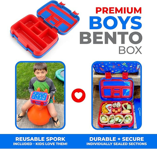 Kinsho Bento Lunch Box for Kids Toddlers, 5 Portion Control Sections, BPA Free Removable Plastic Tray, Pre-School Kid Toddler Daycare Lunches, Snack Container Ages 3 to 7 (Blue Space Rockets)
