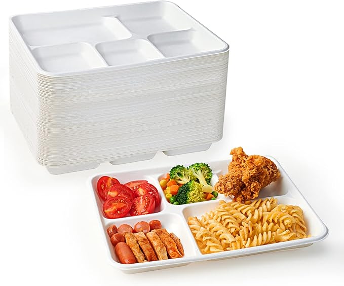 ECOLipak 100% Compostable 5 Compartment Plates, 125 Pack Disposable Paper Plates, Heavy-Duty Biodegradable Sugarcane Plates, Eco-Friendly School Lunch Trays