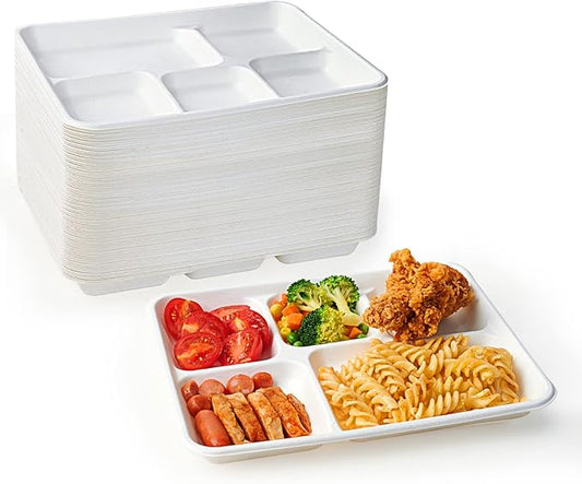 ECOLipak 100% Compostable 5 Compartment Plates, 125 Pack Disposable Paper Plates, Heavy-Duty Biodegradable Sugarcane Plates, Eco-Friendly School Lunch Trays