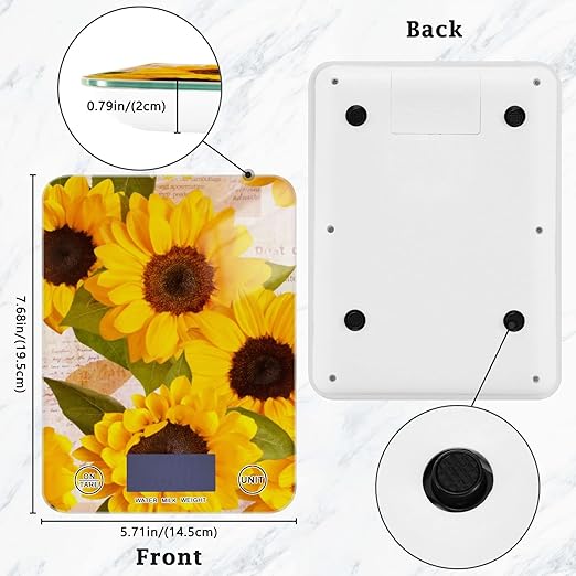 Food Scale Kitchen Digital Scale Food Ounces and Grams Dieting Baking Cooking Waterproof Glass Panels LCD Display,4 Units Scale Tare Function Sunflower