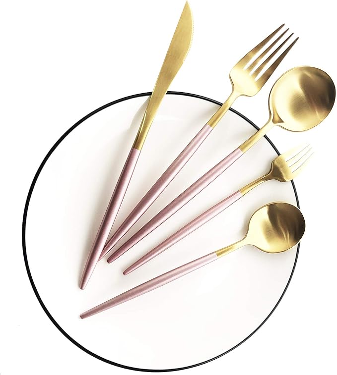 Silverware Set, Hand polished Matte Gold Pink Flatware Cutlery Set Service for 4, Satin Finish 20 Pieces 18/10 Stainless Steel Utensils Set for Home and Restaurant, Dishwasher Safe