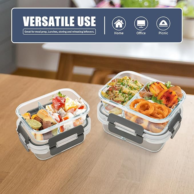 2 & 3 Compartment Glass Meal Prep Containers - Glass Food Storage Lunch Containers with Lids, Glass Bento Box, Portion Control, Freezer to Microwave Safe