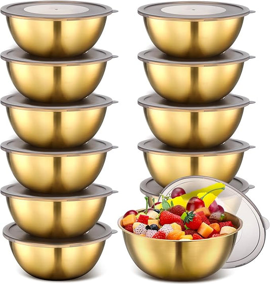 Nuogo 12 Pack 8.27 inches Gold Mixing Bowls with Airtight Lids Gold Serving Bowl Metal Salad Fruit Bowls Stainless Steel Soup Bowls Kitchen Accessories for Lunch Snack