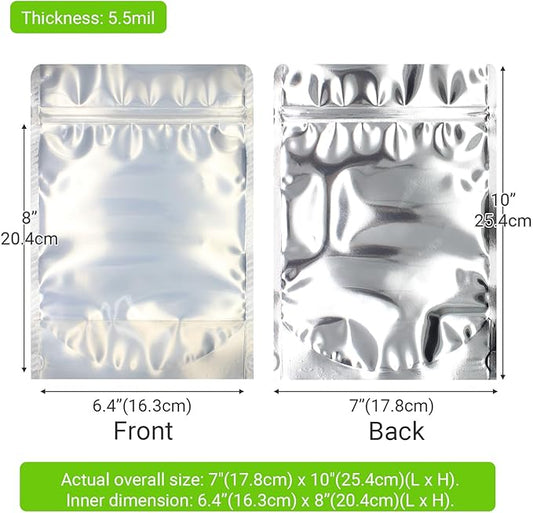100 Pack 7 x 10 Inch Stand Up Pouch Bags Zipper Mylar Bags Clear Front with Aluminum Foil Back Reusable Food Storage Bags for Multipurpose with Gusset Bottom(5.5mil Thickness)