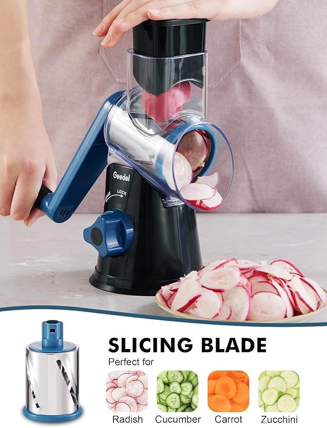 Geedel Rotary Cheese Grater, Kitchen Mandoline Vegetable Slicer with 3 Interchangeable Blades, Easy to Clean Rotary Grater Slicer for Fruit, Vegetables, Nuts, Black