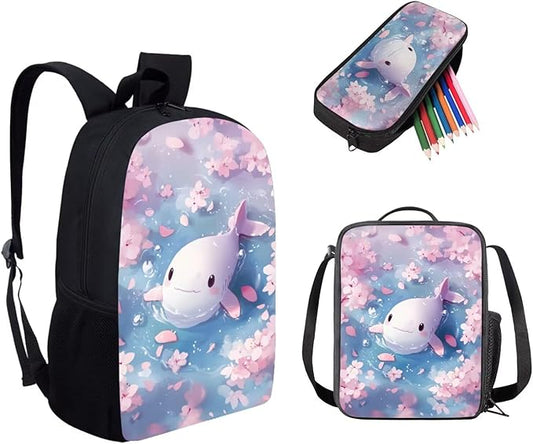 Dolyues Cherry Blossom Fish Girls' Pink Backpack Set - Stylish Casual Daypack with Lunch Bag & Pencil Case - Gifts for Women & Girls