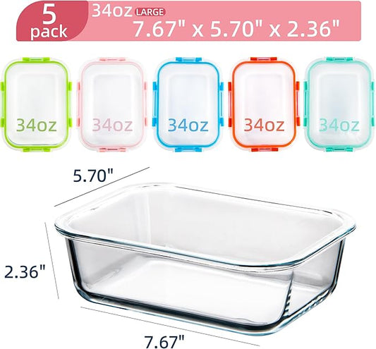 Glass Meal Prep Containers with Lids(5 Pack, 34oz), Glass Food Storage Containers for Lunch at Work, Leak-proof Food Containers, Microwave/Dishwasher Safe