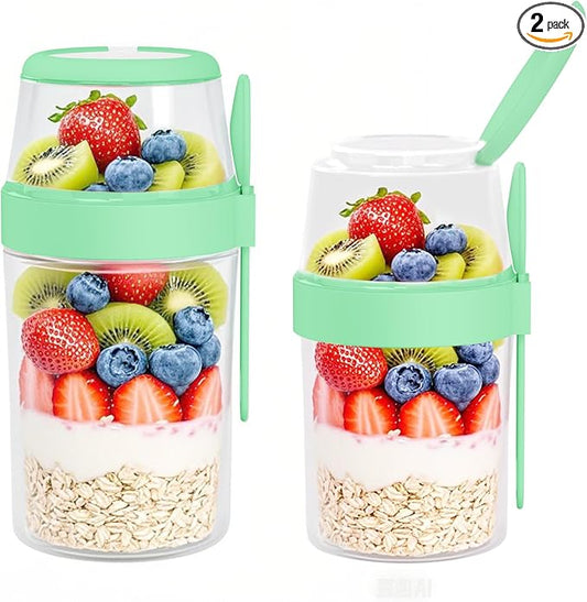 2 Pack Reusable Leak-Proof Overnight Oats Container with Dual-Layer Compartment, Built-in Dipping Box, with Spoon & Airtight Lids, Meal Prep Jar for Yogurt Parfait, Chia Pudding (Green)