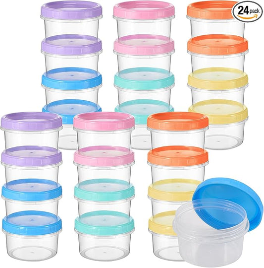 Reusable 7 oz Plastic Containers with Lids Food Storage Jars Multicolor Stackable Containers Meal Prep Food Storage Jars, Freezer Microwave Safe(24 Pcs)