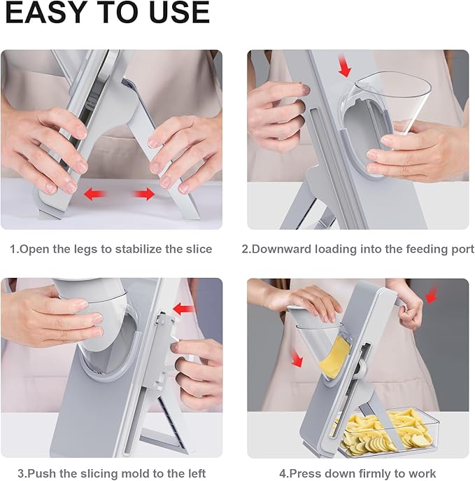 Upgrade Safe Mandoline Slicer for Kitchen - Multifunctional Vegetable Salad Chopper, Potato Cucumber Slicer, French Fry Cutter, Professional 3 in 1 Veggie Food Chopper with Container (Light Grey)