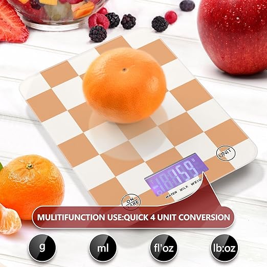 Food Scale Kitchen Scale for Baking Cooking Digital Food Weighing Measuring Scale Small Waterproof Electric Food Scale Checkered Orange and White