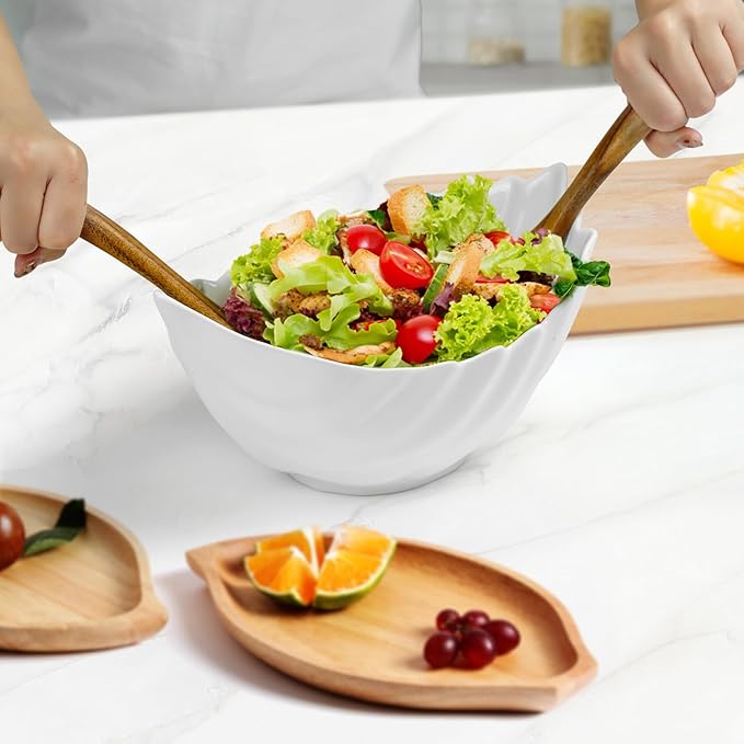 Large Salad Bowl Set, Salad Mixing Bowl for Kitchen, White Ceramic Bowl Set with Wood Salad Servers Serving Bowl for Soup, Pasta, Fruit Housewarming Mother's Day gift