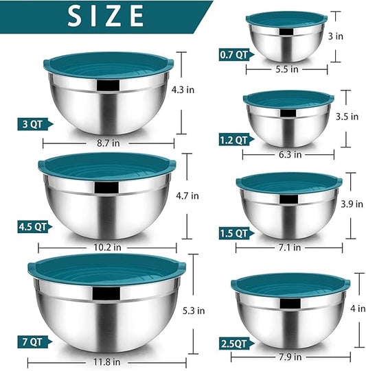 TeamFar Mixing Bowl Set of 7, Stainless Steel Metal Nesting Salad Bowls with Lids, 7, 4.5, 3, 2.5, 1.5, 1.2, 0.7 QT Fit for Mixing, Healthy & Sturdy, Airtight Lid & Easy Clean, Blue