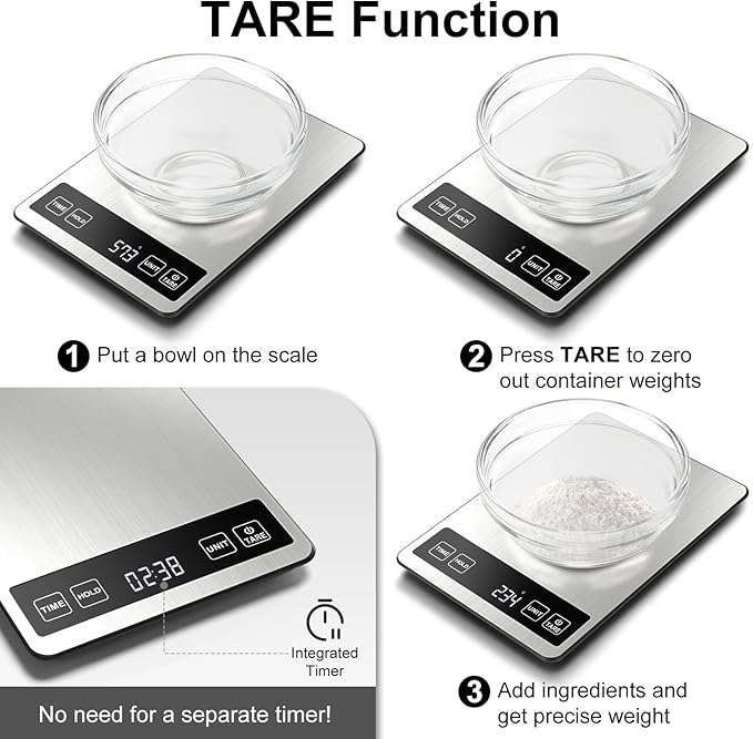 Fuzion Food Scale, 1g/0.1oz Kitchen Scale - 22lb, 7 Units, Tare & Timer Functions, Rechargeable Power, Tempered Glass & Stainless Steel - Digital Food Scale Grams and oz for Cooking, Baking
