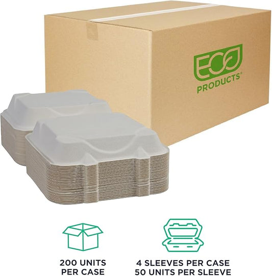 ECO PRODUCTS Compostable Vanguard 9" Clamshell To Go Containers, Case of 200, Square Take Out Food Box, White Renewable Molded Fiber, Grease Resistant, No-Added PFAS, ASTM Compliant, BPI-Certified