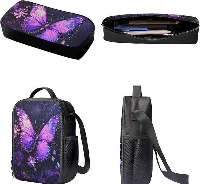 Dolyues Purple Butterfly Print Adorable Girl's Backpack Set – Includes 17-inch Stylish Student Backpack, Double-Shoulder Meal Bag for Daily Lunch, & Matching Pencil Case for School, Travel
