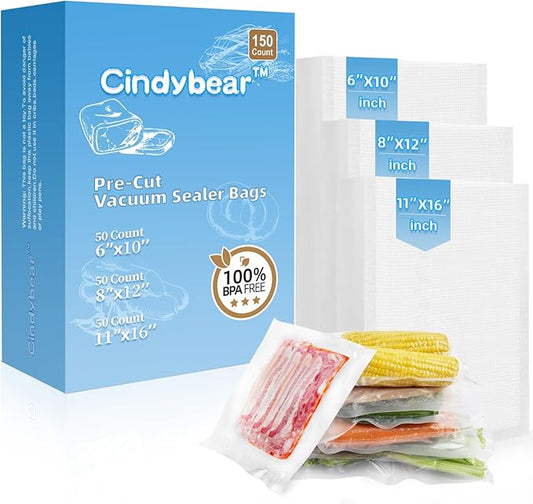 150pcs Vacuum Sealer Bags, Gallon 11"x16" and Quart 8"x12" and Pint 6"x10" Food Saver Bags, Pre-cut Commercial Grade Vac Bags for Food Storage, BPA Free, Heavy Duty, Meal Prep or Sous Vide