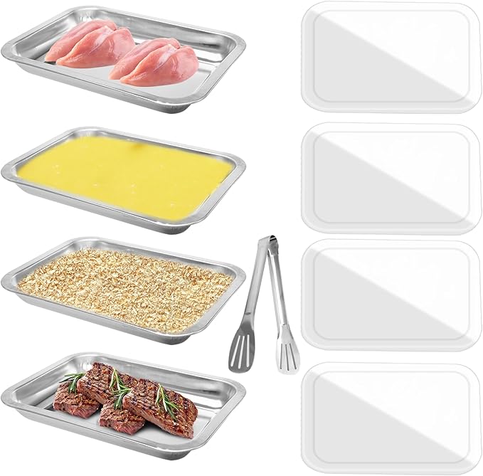 4 Pcs Breading Trays 10.4 x 7.7 x 1.9 Inch Food Prep Trays Stainless Steel Breading Pans with Lids and Tong for Dredging Chicken Breasts Marinating Meat and Serving Dishes