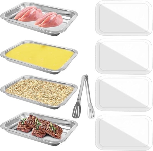 4 Pcs Breading Trays 10.4 x 7.7 x 1.9 Inch Food Prep Trays Stainless Steel Breading Pans with Lids and Tong for Dredging Chicken Breasts Marinating Meat and Serving Dishes