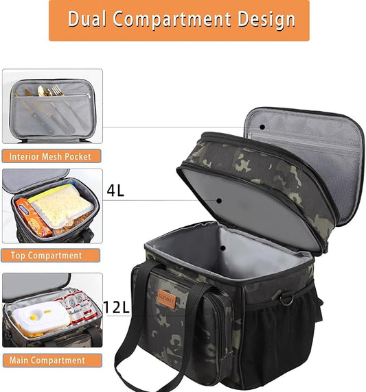 Expandable Large Insulated Lunch Box, Heavy Duty Lunch Cooler Bag Durable Leakproof Lunch Pail for Men Women Adults Work Shift Outdoor Picnic Camping Road Trip, 24 Can, Black-Camo, GLENKEY