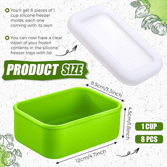 Nuogo 8 Pcs 1 Cup Silicone Freezer Trays with Lid Silicone Soup Molds Rectangle Soup Freezer Containers Reusable Food Preserving Tray Ice Trays for Soups Sauces Stews(Green)