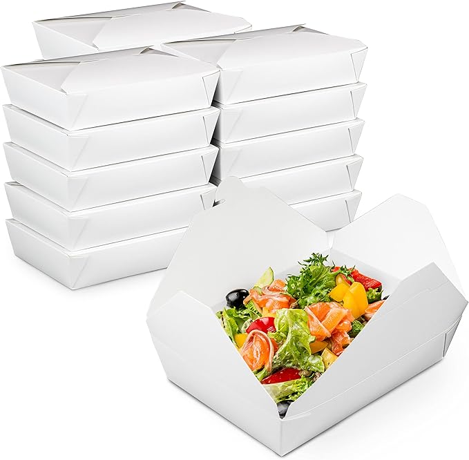Fit Meal Prep 50 Pack 54 oz Paper Take Out Containers 8.5 x 6 x 2 - White Lunch Meal Food Boxes #2, Disposable Storage To Go Packaging, Microwave Safe, Leak Grease Resistant for Restaurant, Catering