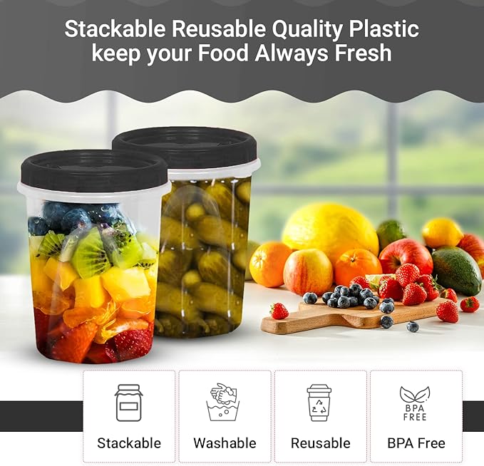[Black - 12 Pk] Airtight Deli Containers with Lids Twist Lock Top Clear Food Storage for Meal Prep Snacks and Leftovers Freezer and Microwave Safe Stackable Leak-Resistant and 12 Pc. Set (32 Ounce)