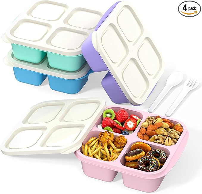 Bento Lunch Box for Kids (4 Pack) - 4-Compartment Salad Container for Lunch, Reusable BPA-Free Food Prep Containers, Snack Container for School, Work, and Travel (White Lid)