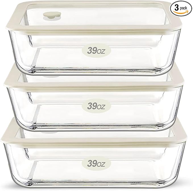Urban Green Glass Food Storage Container Sets with Glass Lids, 3 Pack, Meal Prep Food Containers with Airtight Lids, Microwave Safe, Oven Safe, LeakProof, 100% Plastic Free, (White Color)
