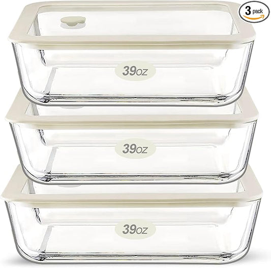 Urban Green Glass Food Storage Container Sets with Glass Lids, 3 Pack, Meal Prep Food Containers with Airtight Lids, Microwave Safe, Oven Safe, LeakProof, 100% Plastic Free, (White Color)