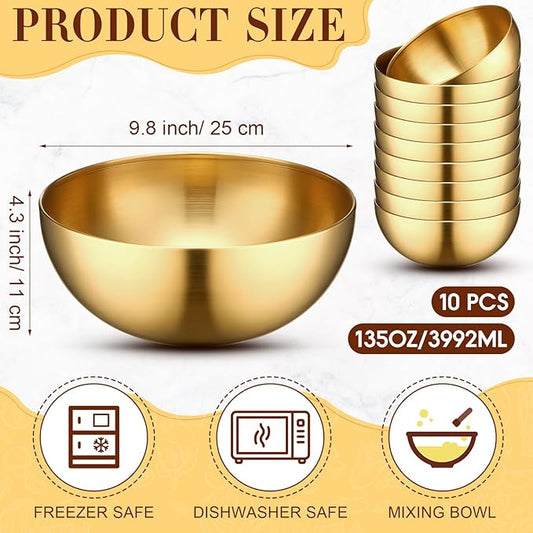 Nuogo 10 Pcs Stainless Steel Gold Mixing Bowls Gold Esthetician Bowls for Wedding Party 4th of July Baking Prepping Serving Facial Food Salad Fruit Snack Soup Cereal (9.8 Inch)