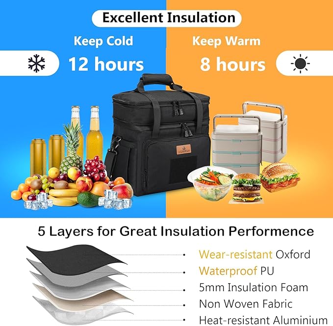 HSHRISH Tactical Lunch Box, Large Expandable Insulated Lunch Bag, Durable Waterproof Leakproof Cooler Bag for Adults/Men/Women/Work Outdoor Beach Trips, 20 Cans/15 L, Black