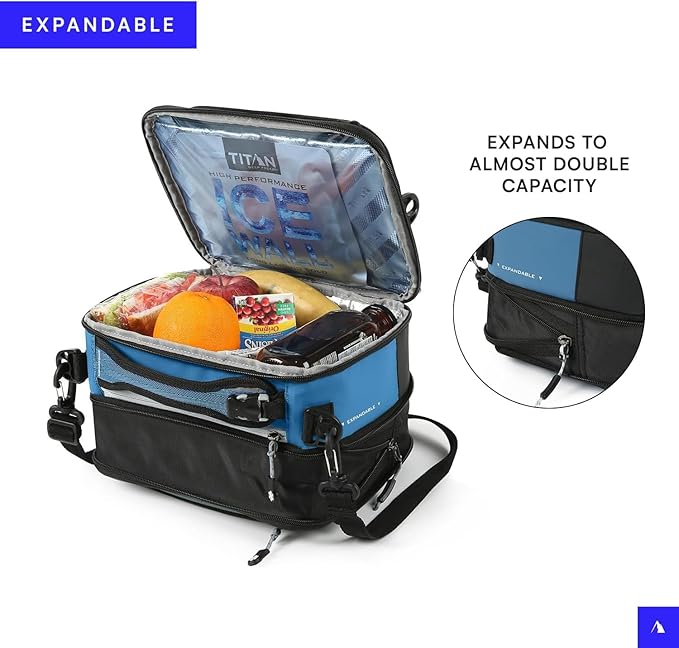 Arctic Zone Titan Fridge Cold Crush Resistant Expandable Lunch Bag - With Reusable Gel Ice Packs Plus Food Container Set - Gray and Blue