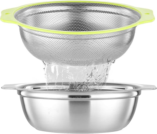 Colander Stainless Steel Microporous, 4QT Large Capacity Rice Strainer with Mixing Bowl, Rice Washing Bowl Set with Handle, Food-Grade Strainers and Colanders for Kitchen, Dishwasher Safe