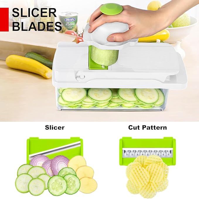 Vegetable Chopper,Food Chopper,Pro 12 in1 Multifunctional Onion Veggie Chopper,Vegetable Chopper With Container,Vegetable Slicer Dicer Cutter,Mandoline Slicer,Salad,Garlic (White)