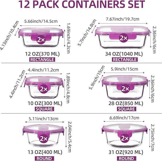 C CREST 12 Piece Meal Prep Glass Containers Set with Lids, Ideal for Food Storage and Freshness, Assorted Sizes and Shapes for Ultimate Organization