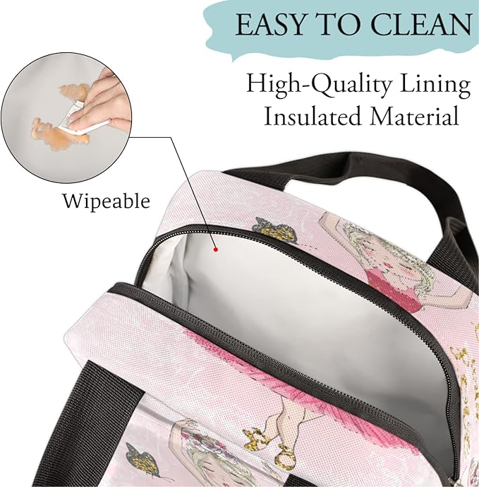 Pink Cute Ballet Dancer Girl Durable Insulated Lunch Box for Women Men Boy Girl Adult Lightweight Leakproof Thermal Cooler Reusable Lunch Bag for School Work Picnic Meal Prep Lunch Tote Bag
