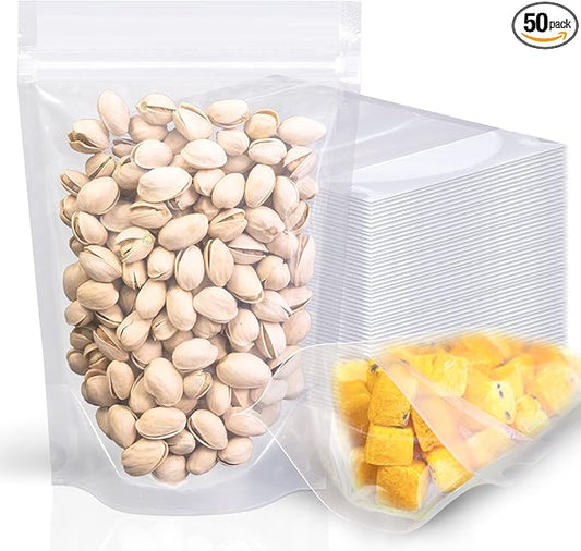 50 Pcs 7.9"X5.5" Clear Stand Up Zipper Seal Bgas,Reuseable Ziplock Plastic Pouch for Food Storage, Transparent Sealing Food Pouches Snack Packing,Cookie,Snack,Spices,Pet Food and Drinking