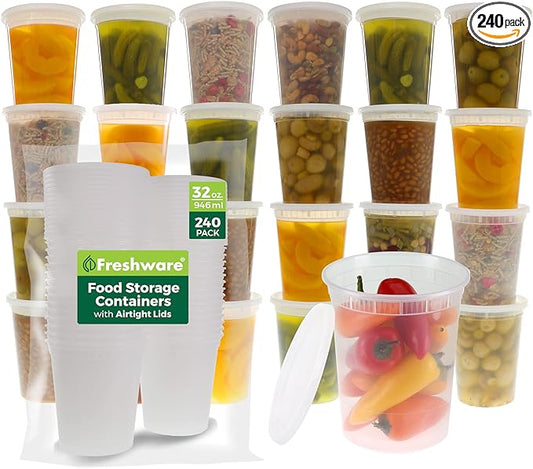 Freshware Food Storage Containers [240 Set] 32 oz Plastic Deli Containers with Lids, Slime, Soup, Meal Prep Containers | BPA Free | Stackable | Leakproof | Microwave/Dishwasher/Freezer Safe