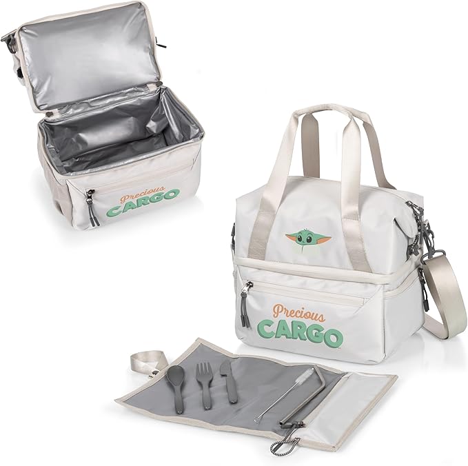 PICNIC TIME Star Wars Mandalorian Grogu Tarana Insulated Lunch Bag Made from Recycled Material, Lunch Box with Picnic Set, Upcycled Lunch Cooler Bag, (Halo Gray)