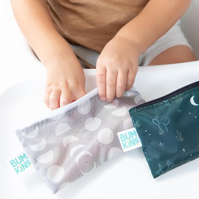 Bumkins Reusable Sandwich and Snack Bags, for Kids School Lunch and Adults Portion, Washable Fabric, Waterproof Cloth Zip Bag, Travel Pouch, Food-Safe Storage, 4-pack Set Desert Dk. Green and Gray