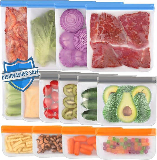 Lerine 14 Pack Dishwasher Safe Reusable Bags, Leakproof Reusable Freezer Bags, BPA Free Food Storage Bags for Lunch Marinate Food Travel - 4 Gallon 6 Sandwich 4 Snack Bags