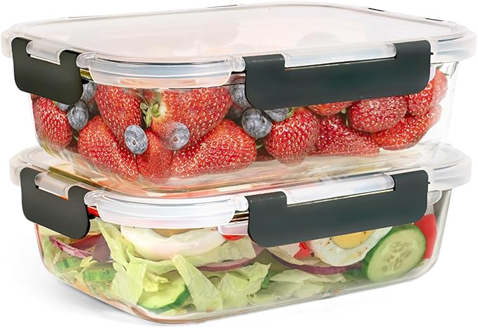 2Pcs 63oz Large Glass Food Storage Containers 8 Cups Family Size Set Baking Containers with Locking Lids Microwave/Oven Freezer Dishwasher Safe, Black