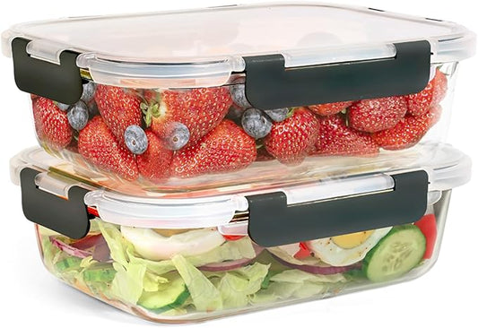 2Pcs 63oz Large Glass Food Storage Containers 8 Cups Family Size Set Baking Containers with Locking Lids Microwave/Oven Freezer Dishwasher Safe, Black