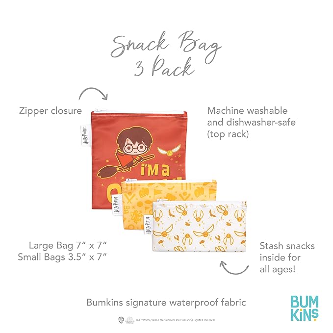 Bumkins Reusable Sandwich and Snack Bags, for Kids School Lunch and for Adults Portion, Washable Fabric, Waterproof Cloth Zip Bag, Travel Pouch, Food-Safe Storage, 3-pk Harry Potter Quidditch
