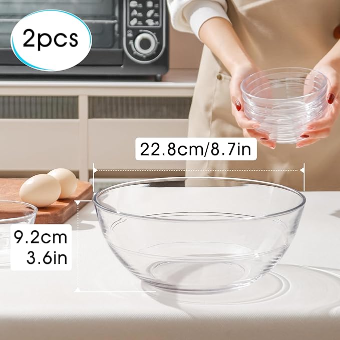 NUTRIUPS 8.7 inch Tempered Glass Mixing Bowls 2 Pack, Salad Bowl for Kitchen Microwave, Dishwasher and Oven Safe